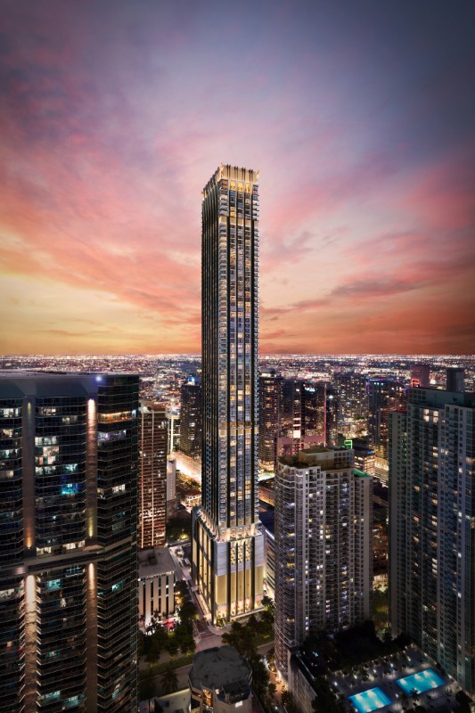 Exterior view of 888 Brickell luxury condo tower in Miami