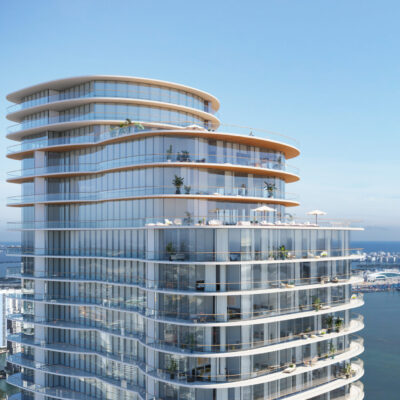 Water view of Brickell skyline and Cipriani Residences Brickell location in Miami