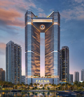 Faena Residences Miami tower with sleek architecture and riverfront location, designed by Rafael Viñoly